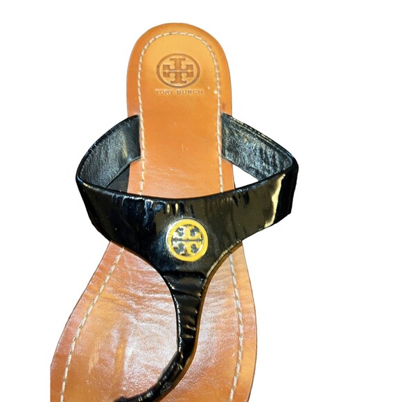 Tory Burch Cameron Thong Black Patent Leather Sandals 9M - Picture 3 of 7